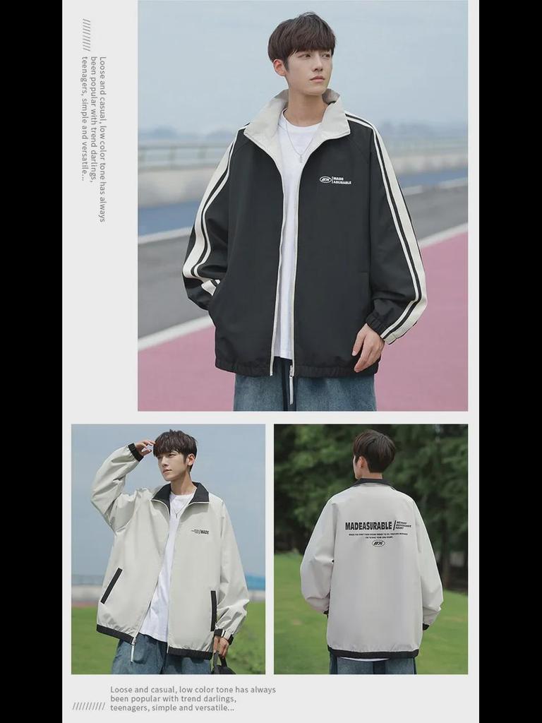 Hong Kong Style Men's Striped Two-Sided Stand-Up Collar Jacket - Casual Loose Fit for Spring and Autumn