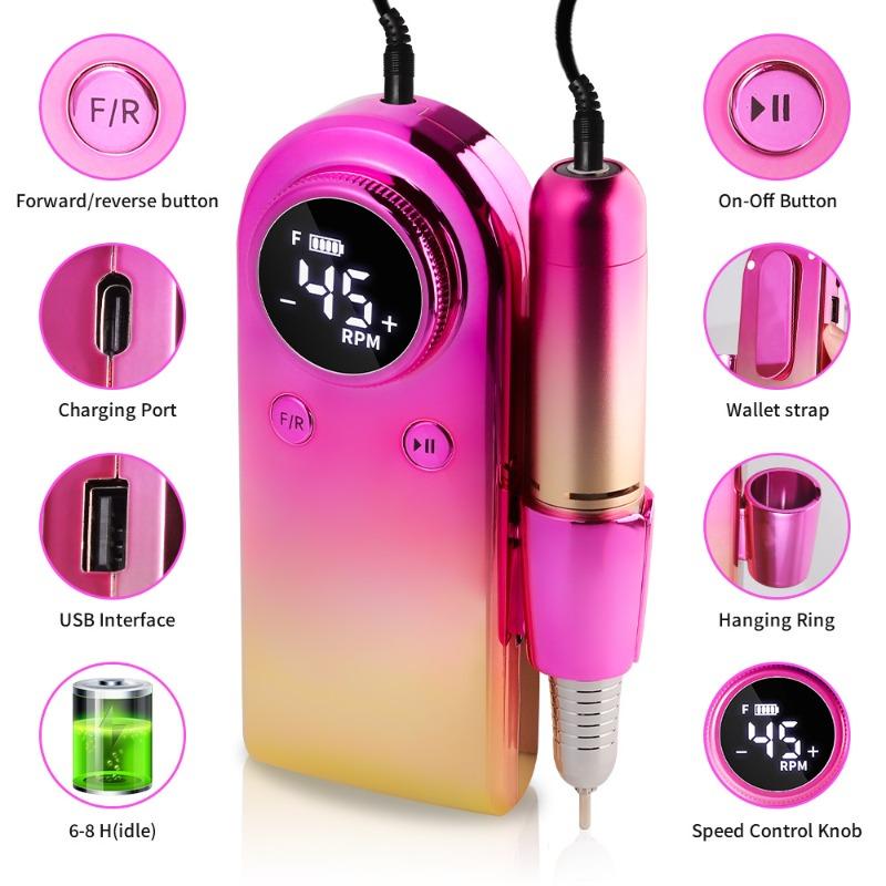 45000 RPM New Portable Nail Drill Professional Rechargeable Electric Nail File Machine File for Acrylic Gel Polishing Removing