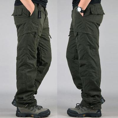 Calças casuais de lã grossa de inverno de algodão masculinas, calças táticas largas de carga, calças longas retas e térmicas quentes de camada dupla
