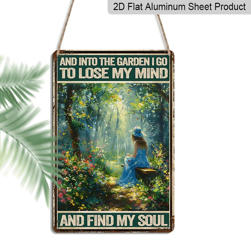 

2D Flat, Vintage-Inspired Metal Wall Art - Into The Garden I Go To Lose My Mind Quote, 8x12 Inch, Rustic Forest Scene with Hanging Chair, Ideal for 20*30cm