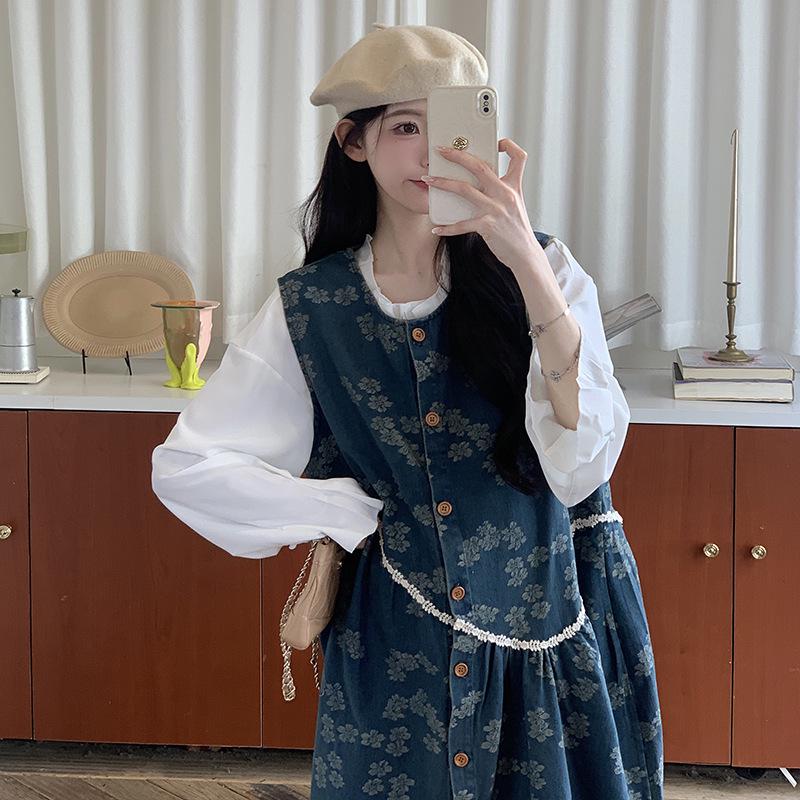

2026 Spring Maternity Sweet Two-Piece Set: Long-Sleeve Shirt + Loose Belly-Covering Vest Dress 2XL