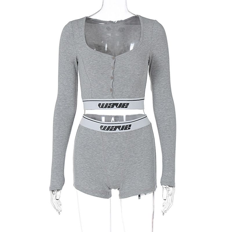 

Gray Stretch Long Sleeve Tops + Shorts Suit 2024 Autumn New Arrival Sexy Fashion Sports and Leisure Two-piece Set Gray L