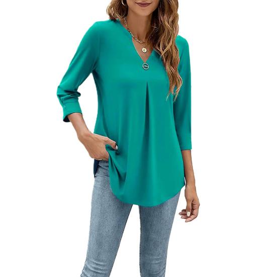Tricou de damă cu gât în V, mâneci 3/4, croială lejeră, respirabil, culoare uni, cu pliuri, lungime medie, topuri pentru purtare zilnică