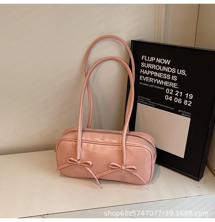 Versatile Simple Underarm Boston Bag Women's 2025 Spring New Korean Version Bow Fashion High-end Shoulder Bag