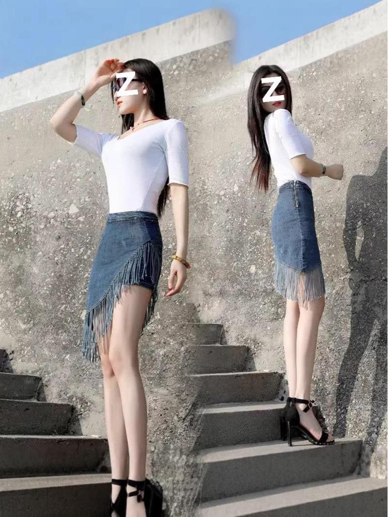 2026 High-Waisted Fringed Denim Midi Bodycon Skirt for Women - Spring/Summer Fake Two-Piece Design