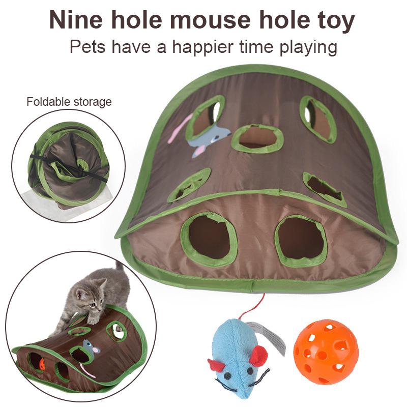 Cat Toy Folding Nine Hole Cloth Tunnel Plush Mouse Cat Grab Ball Bell Fun Decompression Convenient Storage of Pet Supplies