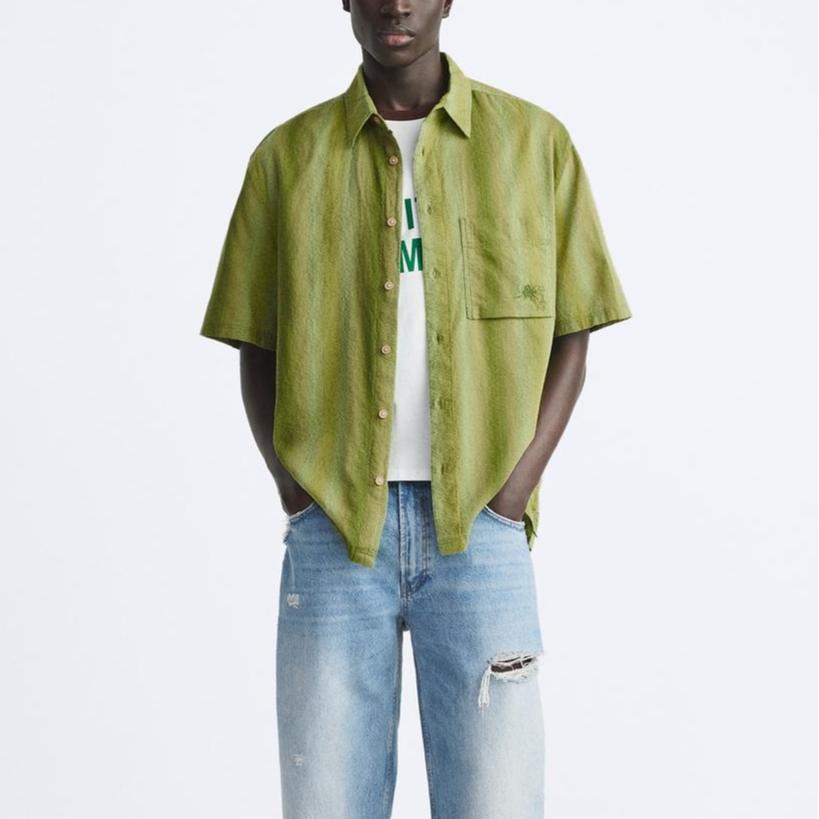 Zara Comfortable Short Sleeve Simple Solid Color Shirt Men Shirts Green 1063421-500