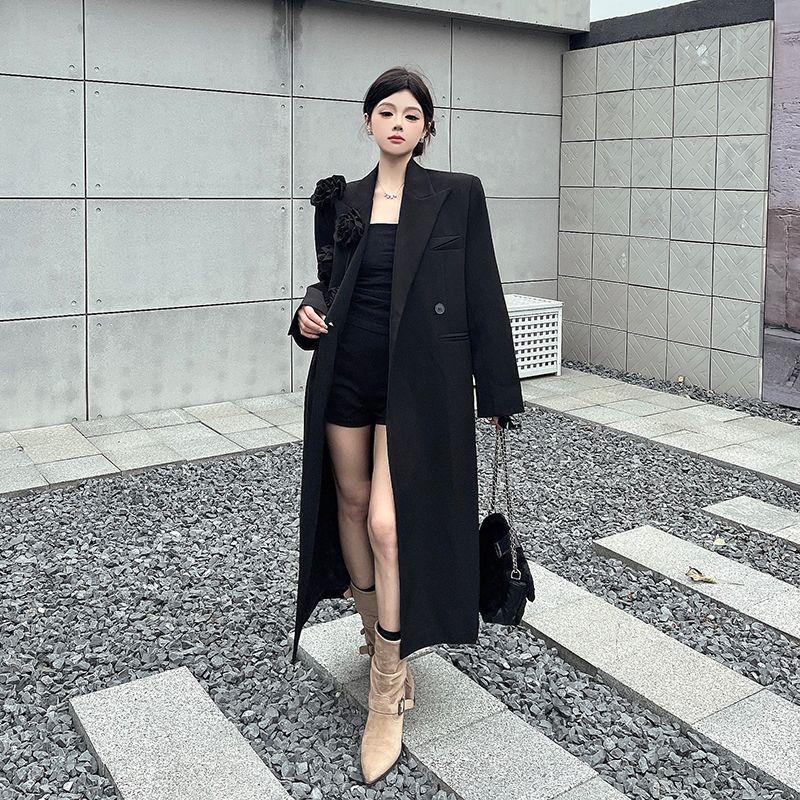 Loose Fit Black Womens Blazer Coat Winter Elegant Stereoscopic Floral Embroidery Heavy Duty Long Trench Suit Jacket