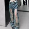 Jeans a vita alta strappati lavaggio retrò Spice Girl americana design estivo per bambini texture con texture vuota estesa pantaloni lunghi a zampa