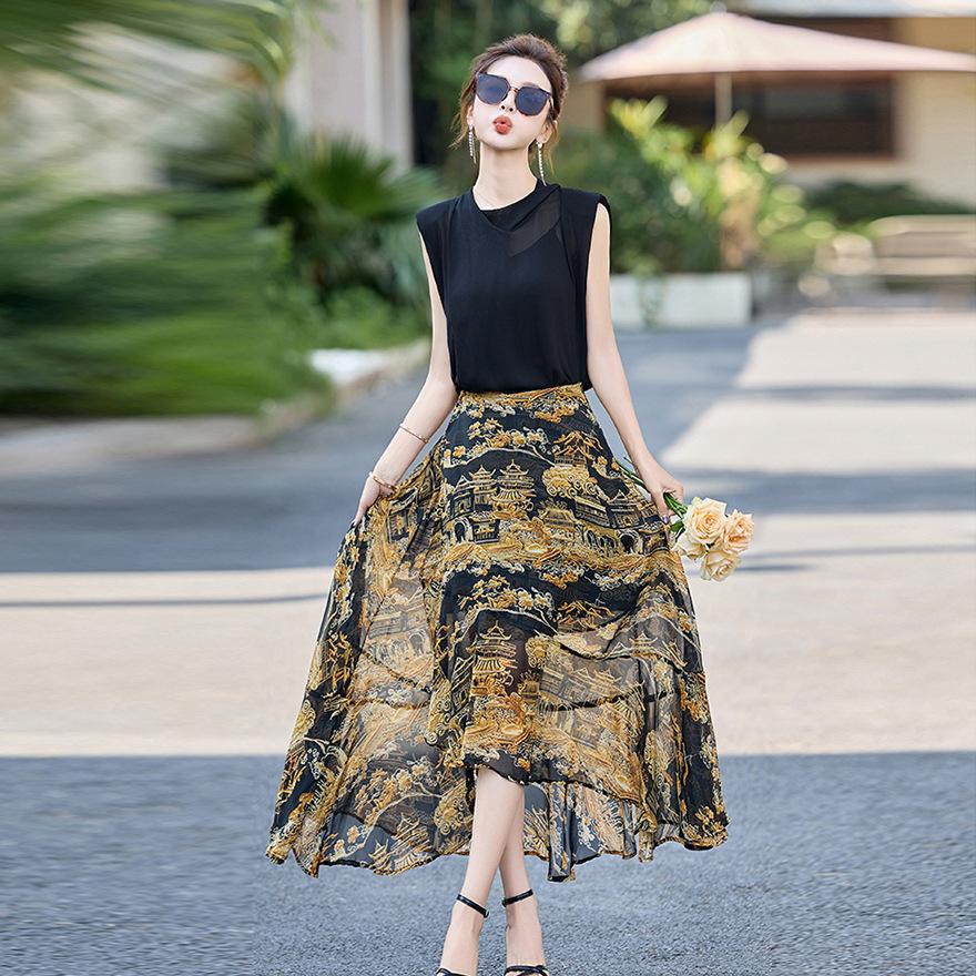 Printed dress two-piece set summer new design temperament elegant waist thin dress set