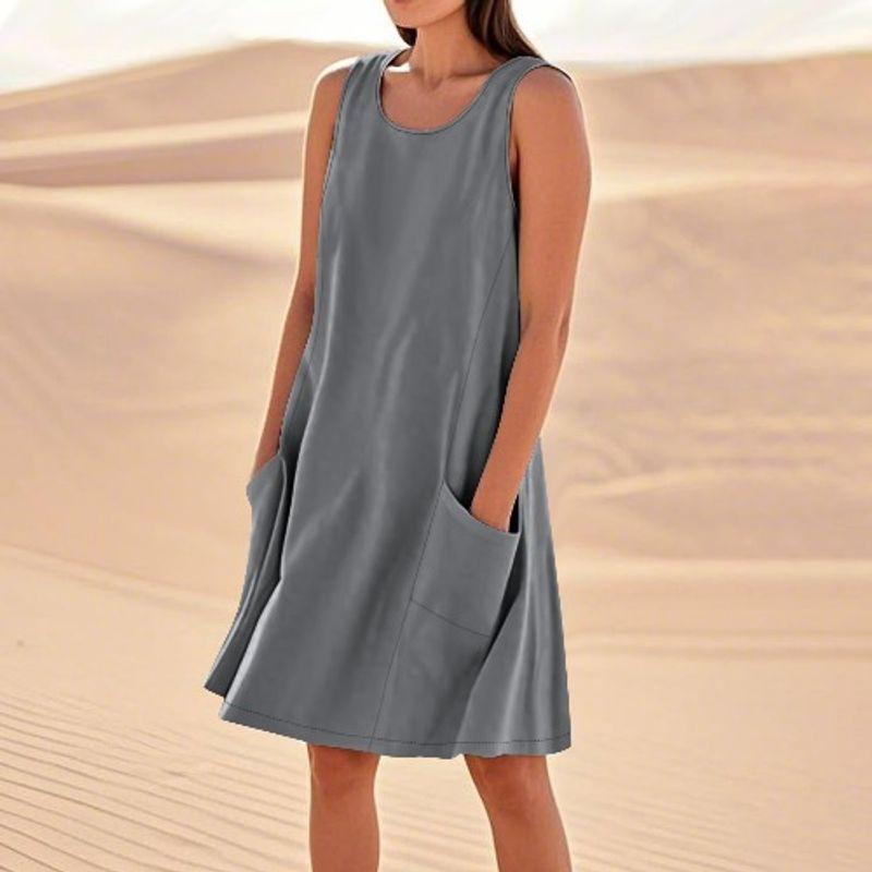 

European and American Plus size women clothing Summer round Neck Solid Loose Pocket Leisure A Word Sleeveless Vest Dress Beach Skirt Gray 2XL