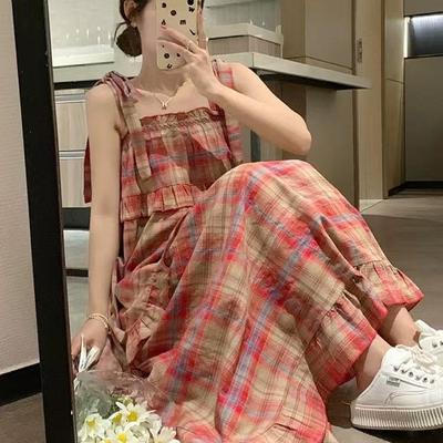 Summer New Skirt High Sense a Word French Retro Plaid Suspender Dress Women's Dress Long Dress Nightdress