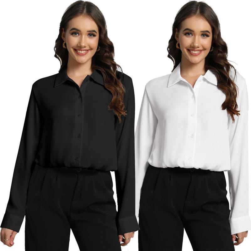 

2024 Spring Autumn Women Long Sleeve Top Female Lapel Buckle Up Shirt Pure Color Blouse Women Commuting Office Women s Clothing S чорний