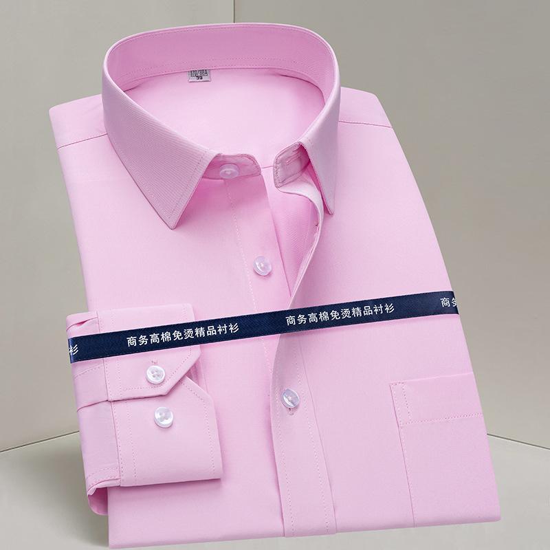 Men Formal Shirt Long Sleeve Office Solid Color Striped Anti-Wrinkle Fashion Business Pocket White Social Pocket Blue Shirt