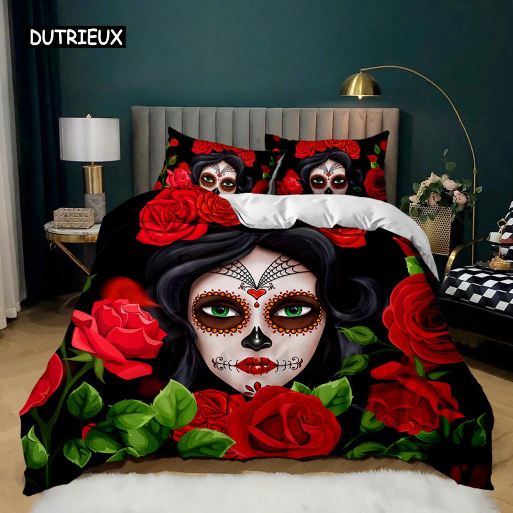 Skull Duvet Cover Red Rose Skeleton Queen Floral Skeleton Traditional Mexican Halloween Double Queen King Polyester Qulit Cover