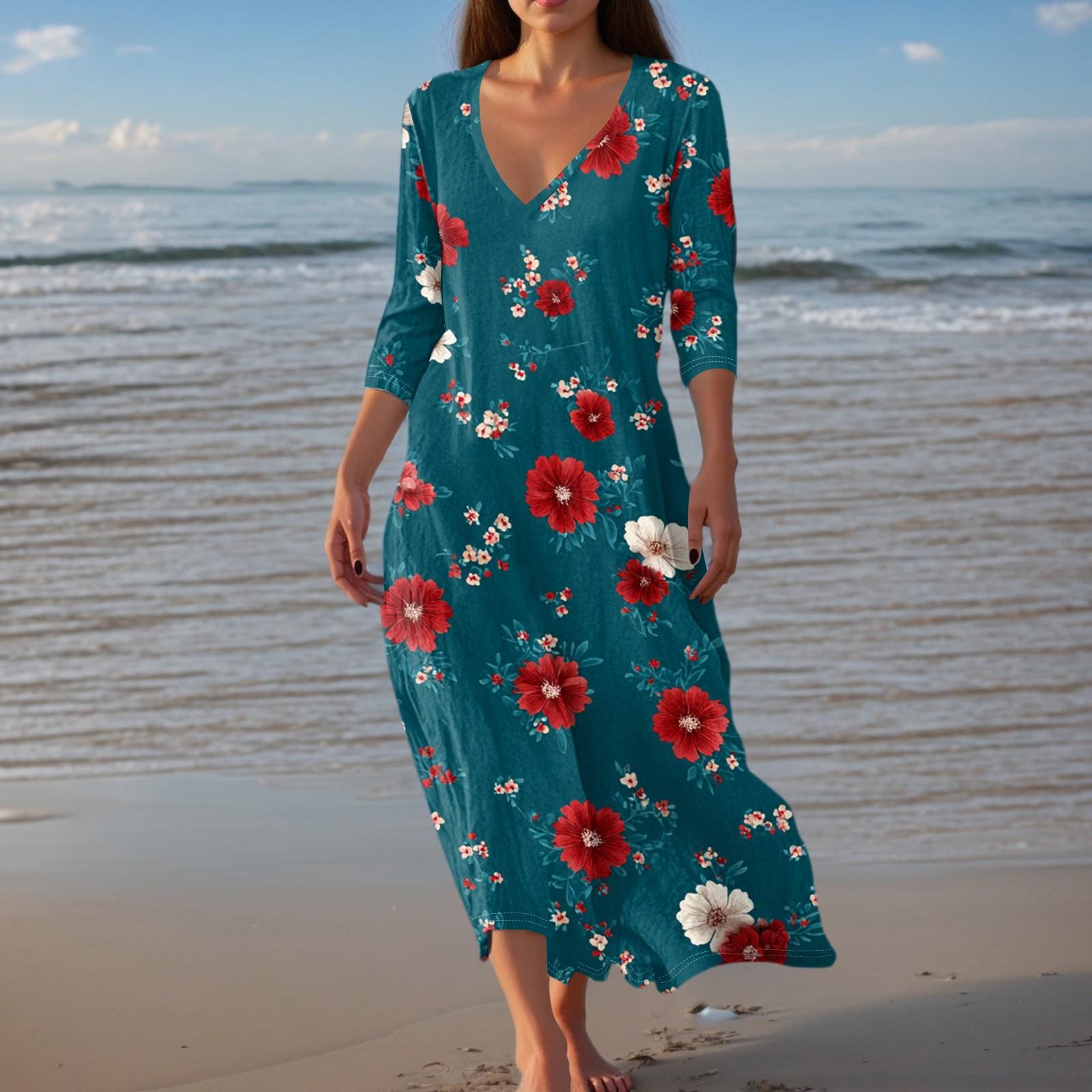 

Женское винтажное туниковое миди-платье с принтом, приталенное, летнее, повседневное, с рукавом 3/4 L