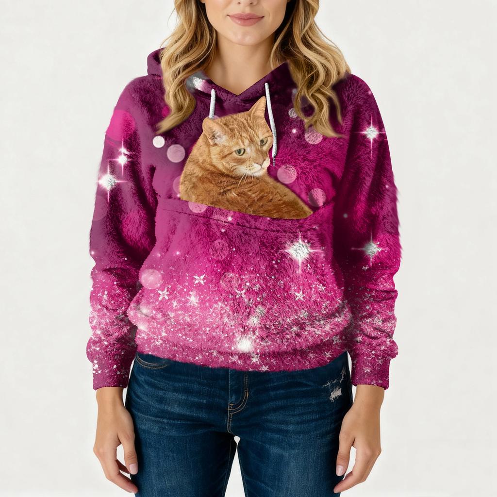 Women's Fashionable Casual Fleece Lined Long Sleeve Pocket Hooded Printed Sweatshirt