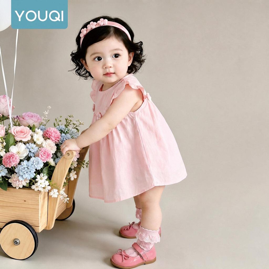 Youqi 2026 Summer Pink Floral Bunny Princess Dress for Babies - Play & Formal Wear