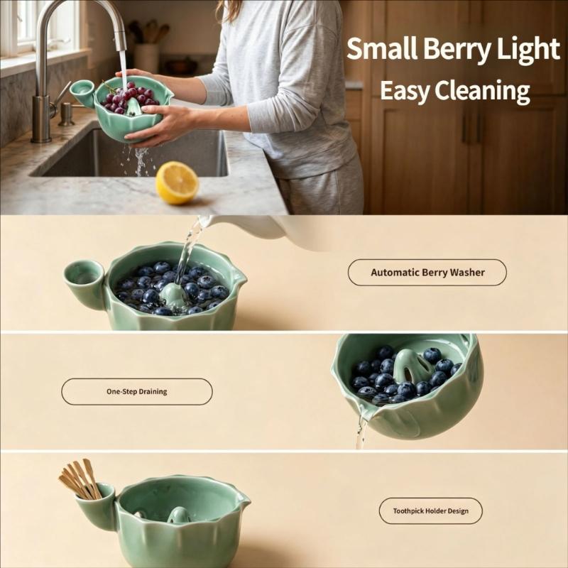 Small Produce Washing Bowl with Glazed Body, Center Water Guide and Drain Holes for Daily Kitchen Serving Use Often