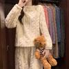 Coral Fleece Jacquard Pajamas Set Women Autumn Winter Fleece Thickened Warm Crew Neck Cable Knit Loungewear Wearable Outside