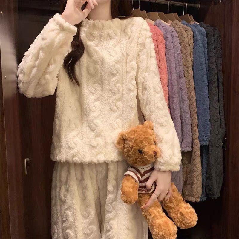 Coral Fleece Jacquard Pajamas Set Women Autumn Winter Fleece Thickened Warm Crew Neck Cable Knit Loungewear Wearable Outside