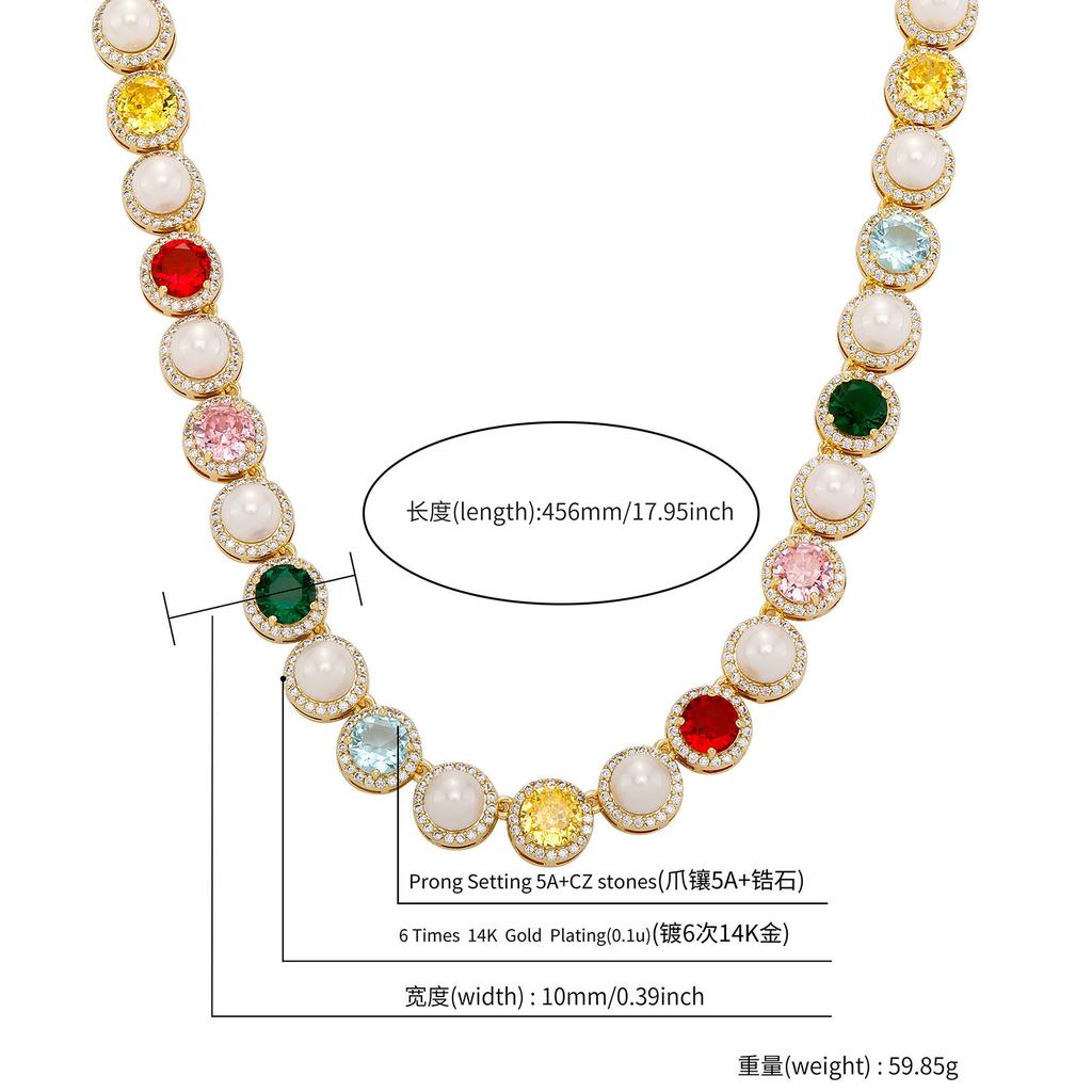 Stylish Colorful Square Rock Sugar Chain 10Mm Full Of Sparkling Zircon Pearl Bracelet Hip Hop Necklace