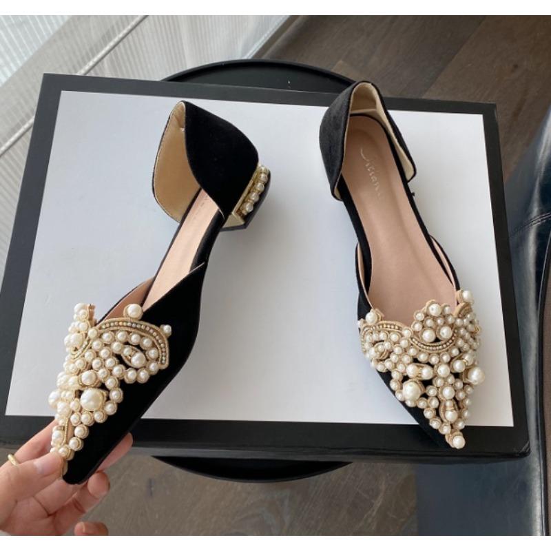 New Crown Pearl Flats Women Wedding Shoes Pointed Toe Female Dress Moccasins Low Pearl Heel Ladies Luxury Style 43