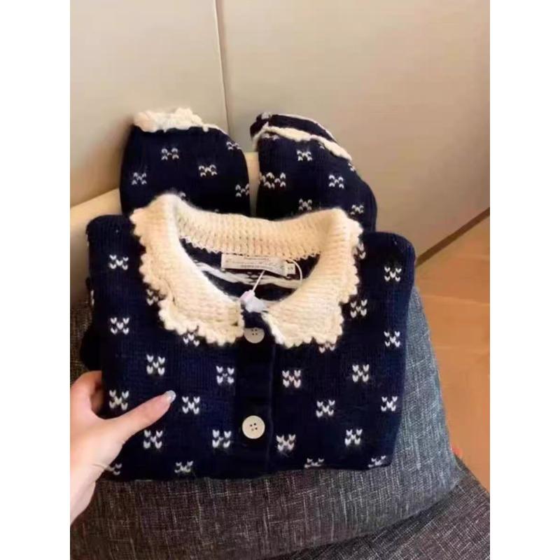 

Niche design lace lapel knitted cardigan raccoon fleece sweater women s autumn and winter One size темно-синий