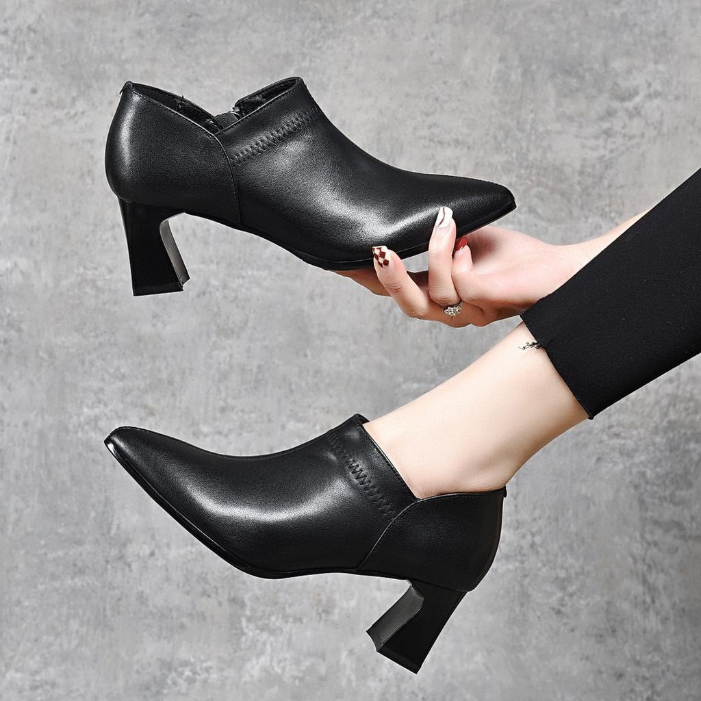 Pointed high heels women's single shoes spring new first-layer cowhide ruffle side zipper fashion shoes