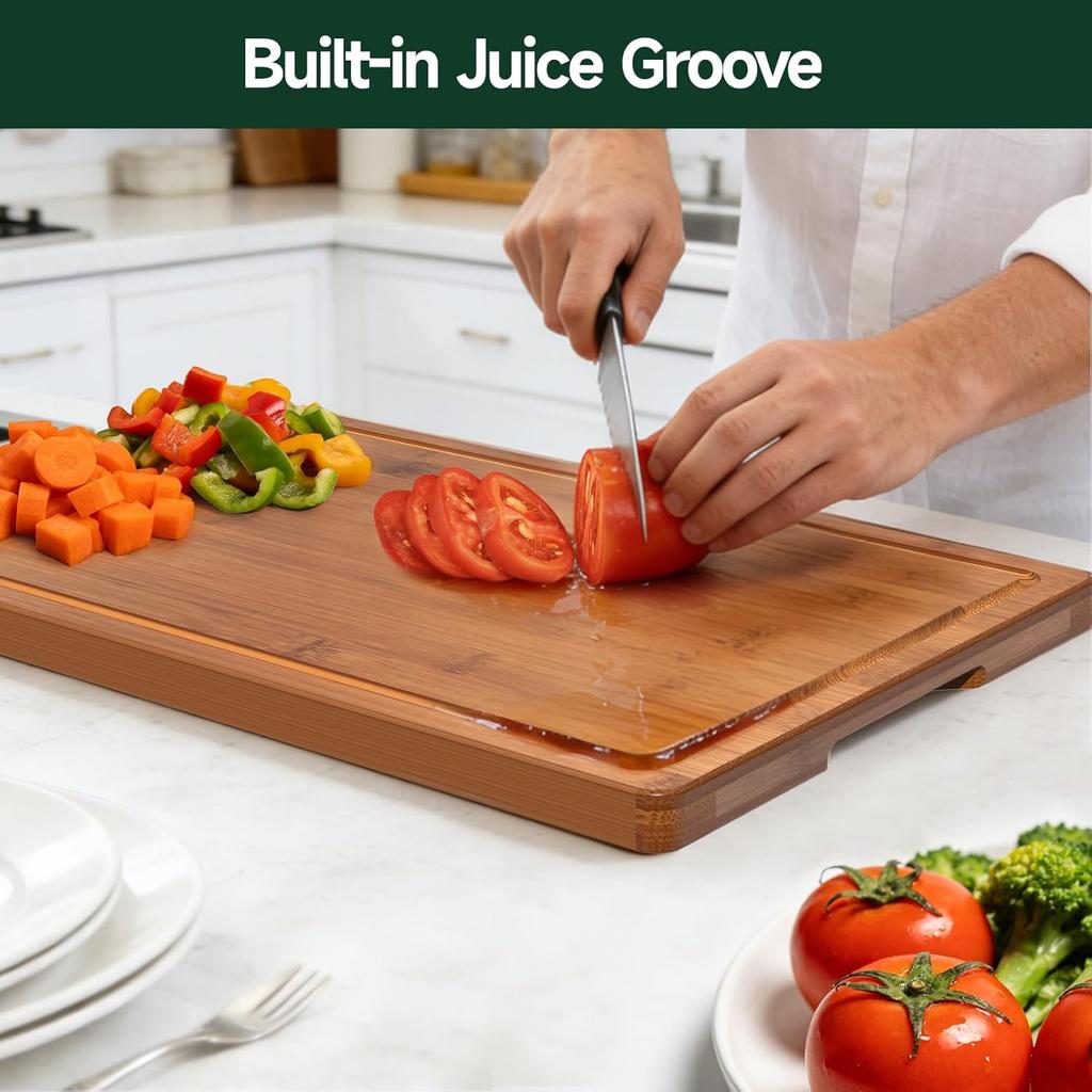 3-Piece Set Bamboo Cutting Board for Kitchen - Crack-Resistant Wood Chopping Boards with Deep Juice Grooves, Pre-Oiled Butcher Block for Meat,
