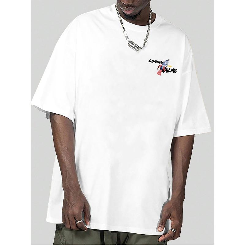 Men's Street Style Rocket Graffiti Print T-Shirt - Casual, Loose Fit with Crew Neck, Breathable, Machine Washable - Perfect for Summer