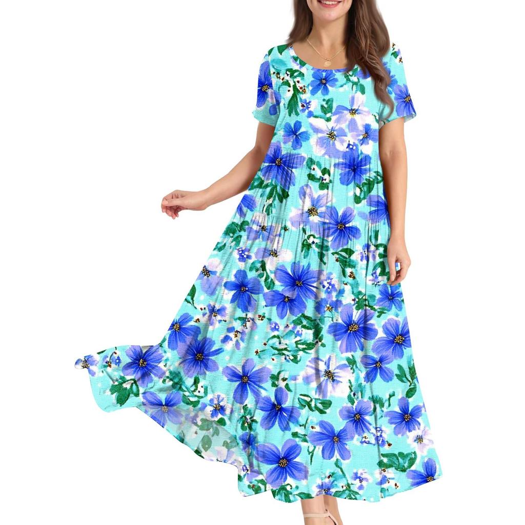 Damen Sommer Rundhals Kurzarm Geblümtes Boho Lockeres Kleid