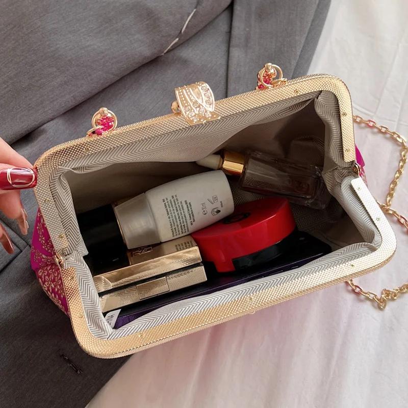 Luxury Evening  For Women  Designer  Lock  Shell Clip  Handmade  Tassel  Fabric Bags  Shoulder Chain Bags  Orange Messenger Bags