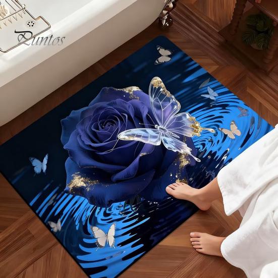 Floral Bathroom Rug 3D Rose Realistic And Butterflies Floor Mat Soft Absorbent Bath Non-Slip for Entrance Kitchen Bedroom Living Room