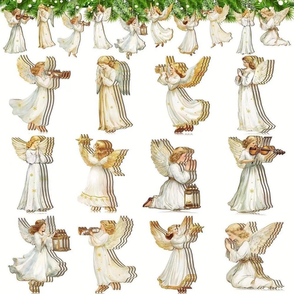 Wooden Xmas Tree Pendant 2D Flat Christmas Decorations Vintage Victoria Angel Ornament Set