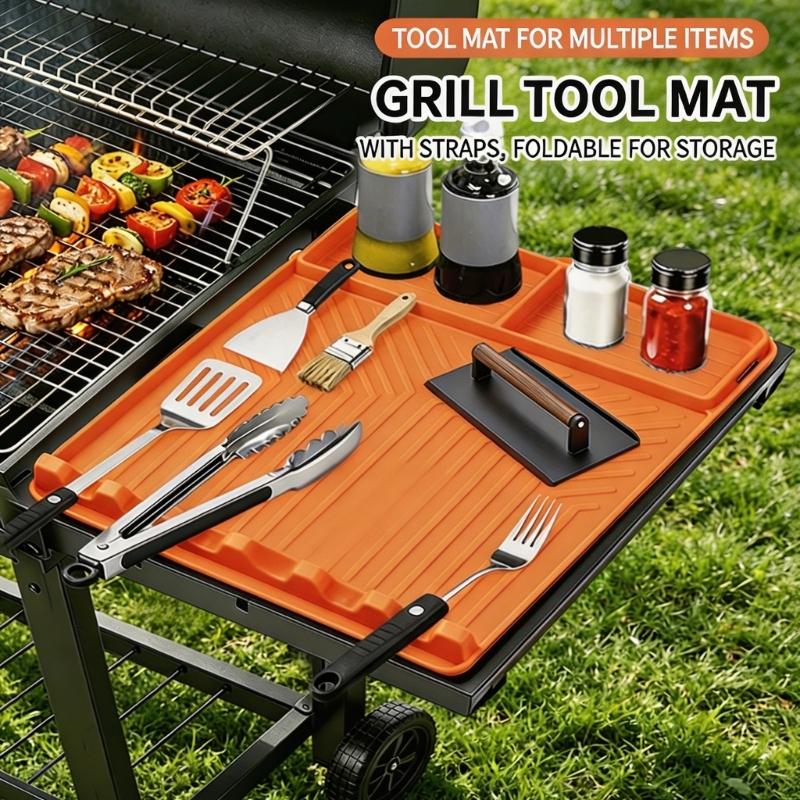 Outdoor Barbecue Shelf Pad for Serving Changes, Flexible BBQ Side Pad with Split Bays, Spill Lip and Rest Cuts