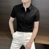 New Summer Fashion Handsome Casual Stripe Versatile Short Sleeved Shirt Men's Solid Lapel Button Slim High End Simple Tops