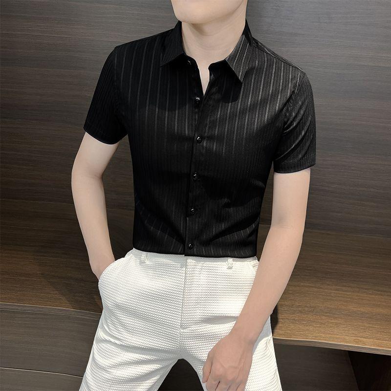 New Summer Fashion Handsome Casual Stripe Versatile Short Sleeved Shirt Men's Solid Lapel Button Slim High End Simple Tops