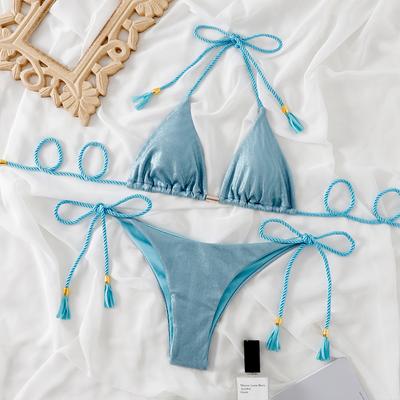 New Sexy Bikini Women Plain Fringe Split Beach Swimsuit Set Women
