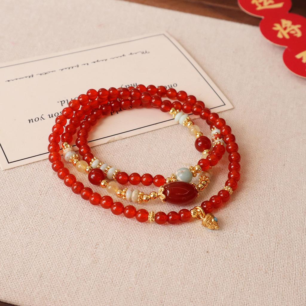 Natural Agate Bracelet Three-Circle Beaded Jewelry Fashion Women Daily Jewelry Lucky Gift