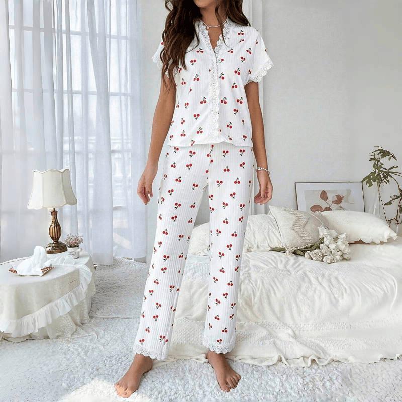 Cherry Print Lace Short Sleeve Pajama Set for Women
