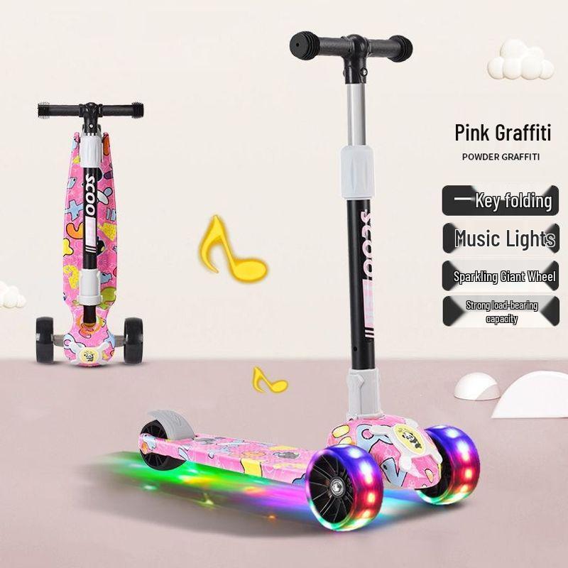 Colorful Folding Scooter with Flashing Music for 2-8 Year Olds - Durable Three-Wheeled Ride-On with Drop-Resistant Handlebar