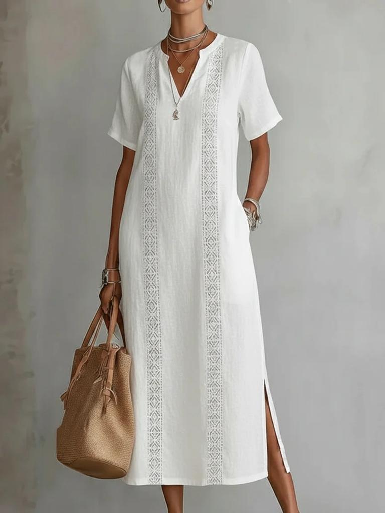 Vintage Comfortable Hollow Lace V-Neck Loose Cotton Linen Dress for Women