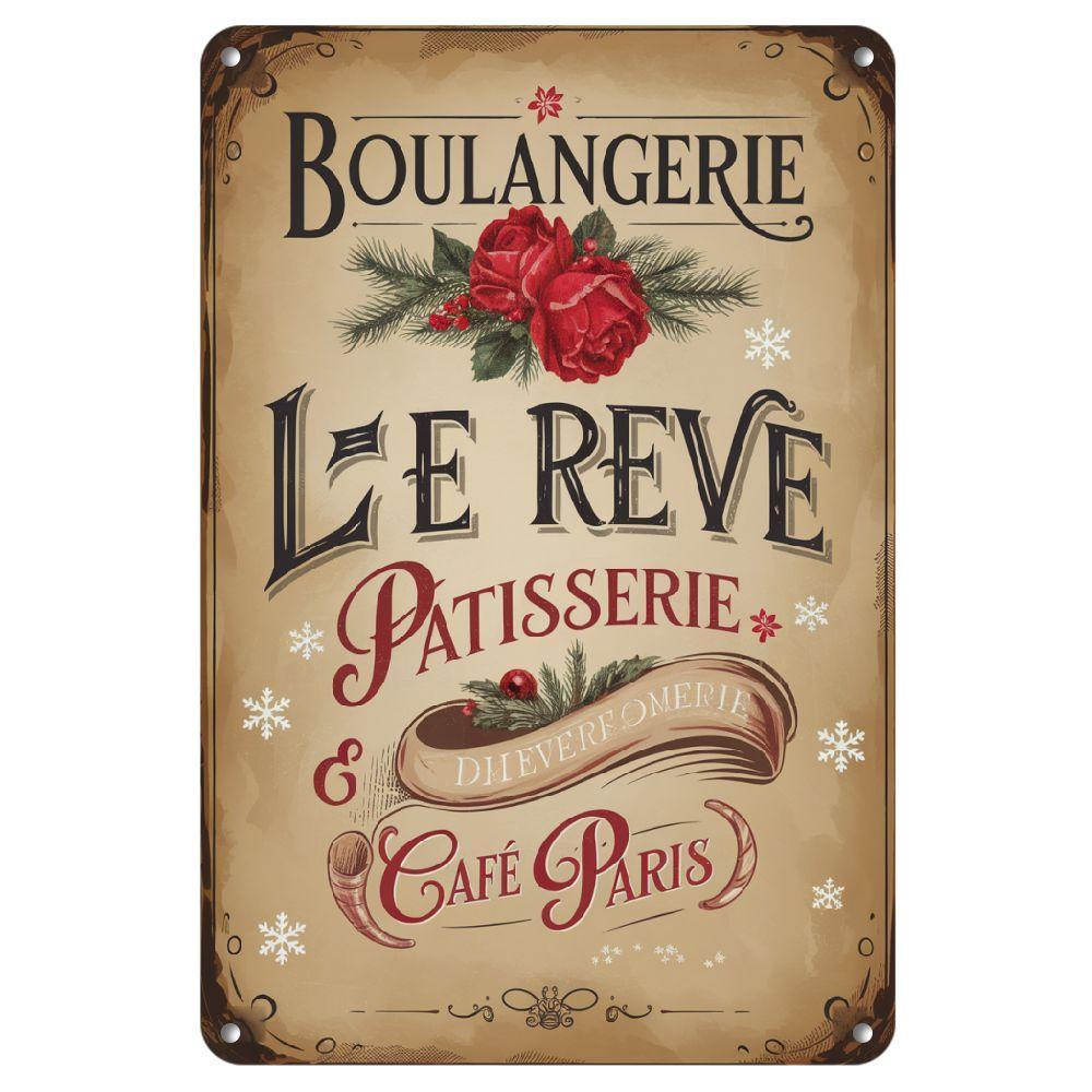 

Vintage Le Reve Boulangerie Metal Wall Sign Iron Crafted Plane Decorative Plaque with Red RosesRibbons Multipurpose 20x30cm（7.8x11.8inch）