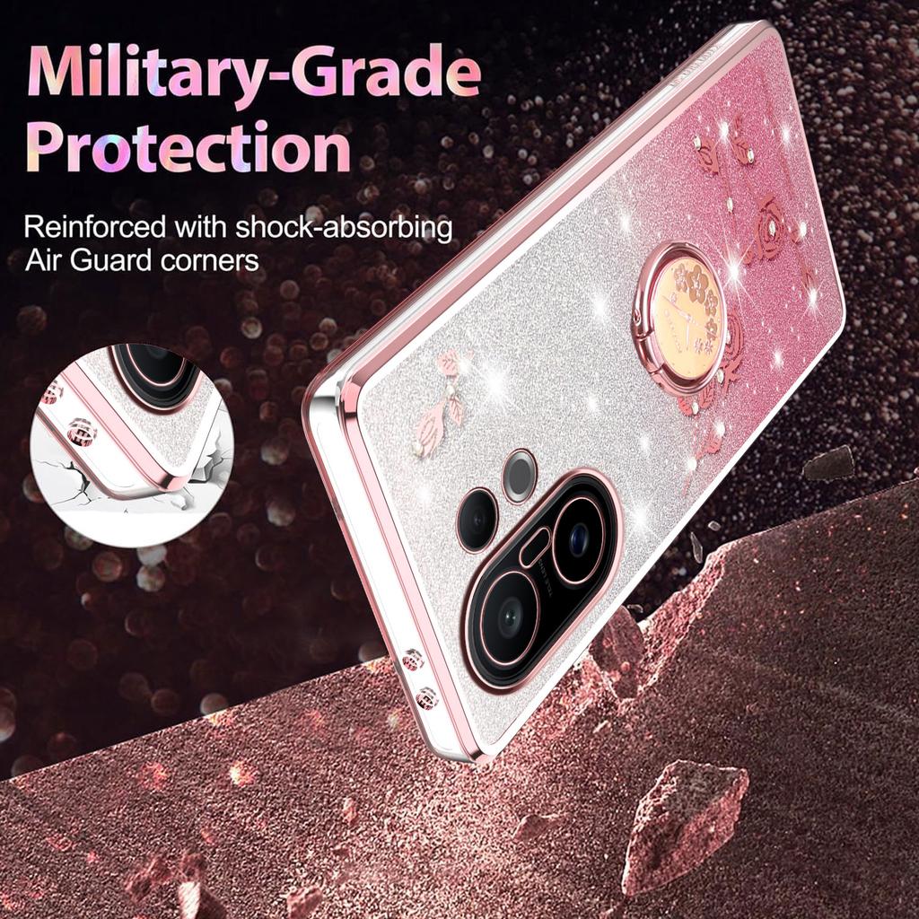 KADEM For vivo S30 Pro mini 5G Case Ring Kickstand TPU Flowers Phone Cover Gradient Glitter