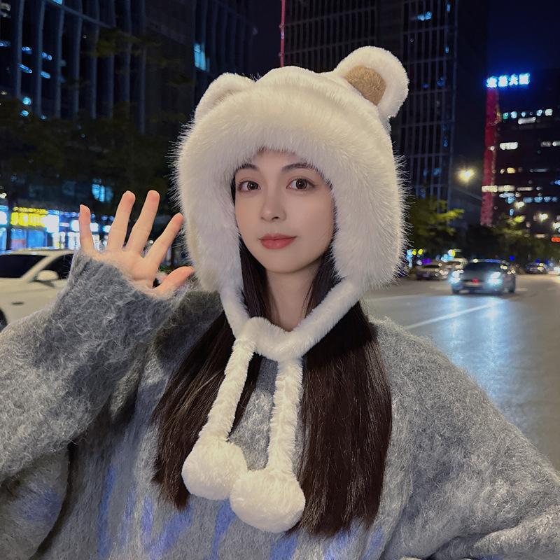 Cute Bear Ears Hairy Hat Women's Winter Versatile Ear Protection Bag Head Hat Thickened Warm Bag Head