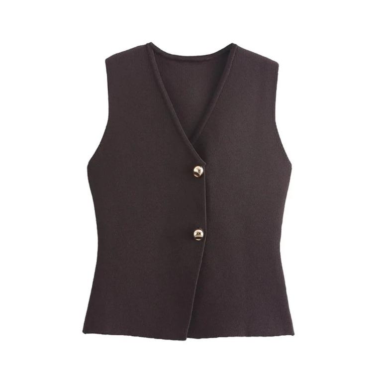 Fashion Golden Single Breasted Sweater Vest for Women Causal Sleeveless V-neck Slim Knit Cardigan Autumn New High Street Tops