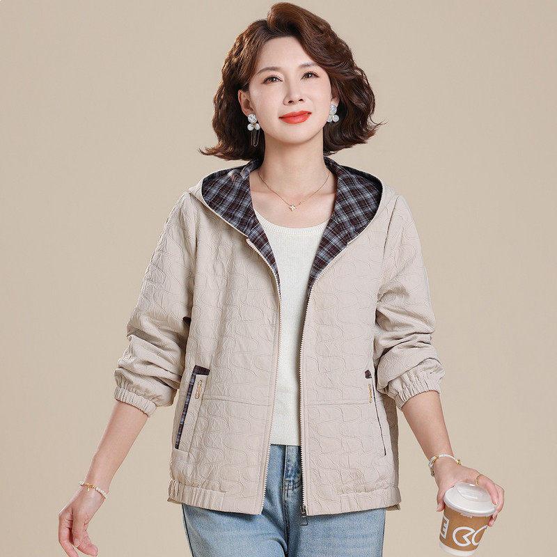 

Chic Spring Hooded Plaid Jacket for Middle-Aged Moms – Casual Loose Outerwear for Mother s Day XL for 52.5-60 kg