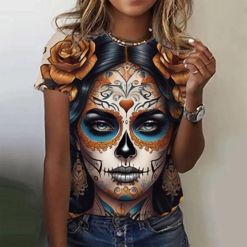Damen T-Shirt für Mädchen Sommer Kurzarm Lässig Mode Sexy Mädchen Kleidung Horror Untote Schädel Muster Übergroße T-Shirts