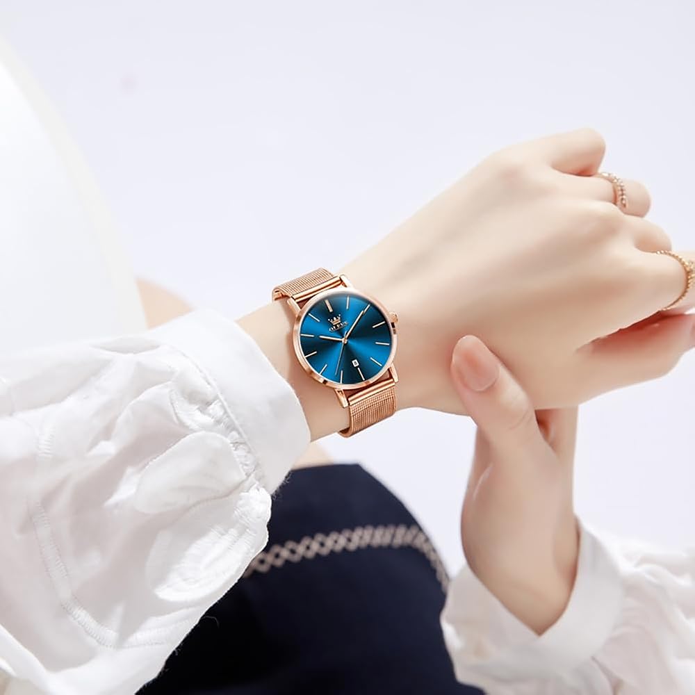 OLEVS Women's Minimalist Casual Watch Rose Gold Leather Band Waterproof Analog Quartz with Date Calendar